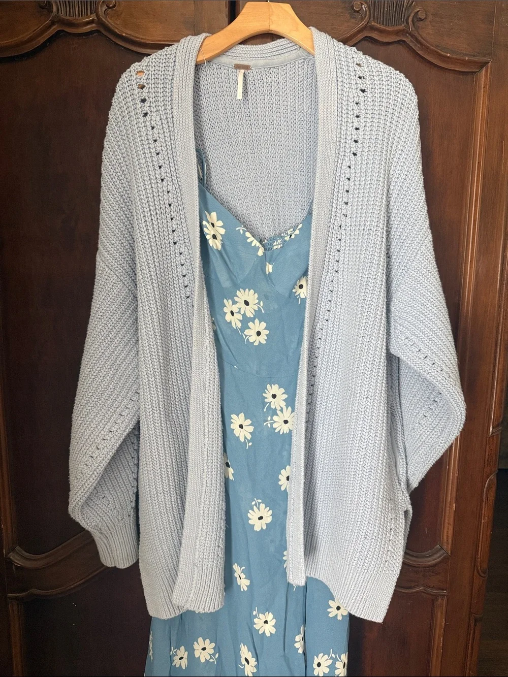 Free People Dare To Dream Light Blue Chunky Cotton Knit Open Cardigan Sweater M
